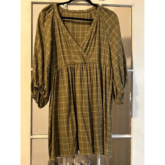 Hand Made Olive Green Check Wrap Front A-Line Baby Doll Long Sleeve Dress - Picture 1 of 5